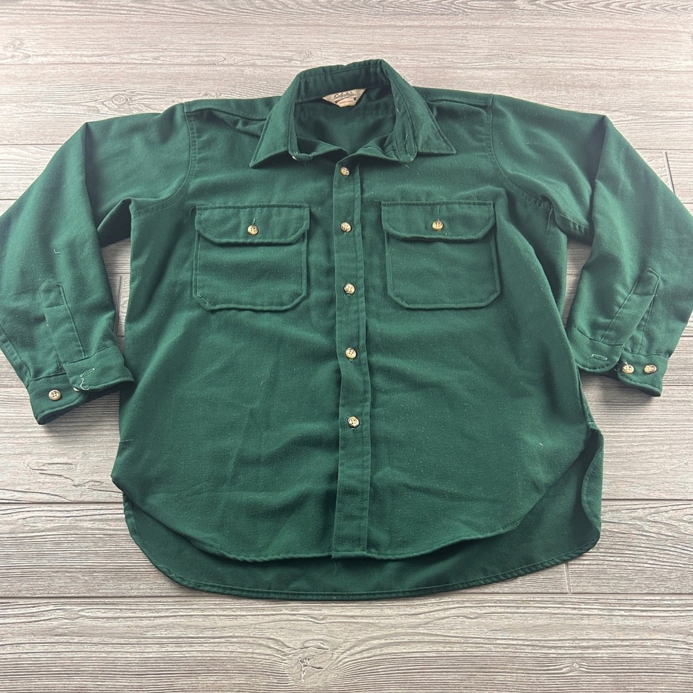 VTG Cabelas Mens Forest Green Wool Blend Button Down Shirt Flannel Hunting Large